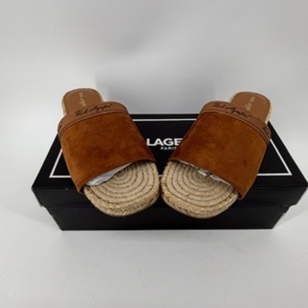 Karl‎ Lagerfeld Paris Tarzana2 Tan Microsuede Espadrille Flat Slide Sandals 6.5